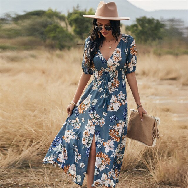 Spring New Long Floral Dress Women 2021 Sexy V Neck Slim High Waist Bandage Summer Dress Ladies A Line Print Maxi Dresses