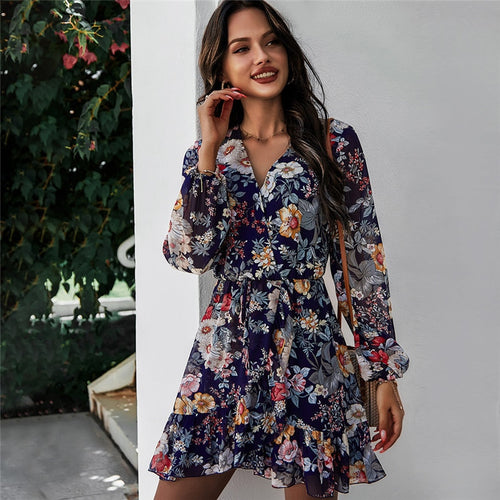 Spring New Print Dress Women Casual Full Sleeve Lace Up High Waist Floral Dress For Women 2021 Summer Chiffon Dress