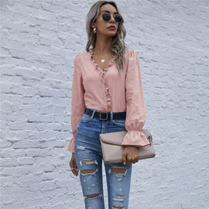 Spring New Sweet Ruffle Shirts Women Casual V Neck Butterfly Sleeve Single Breasted Blouse Office Lady Vintage Solid Color Shirt