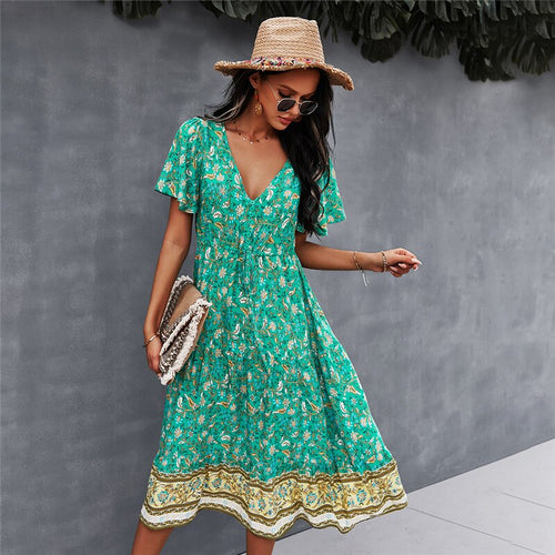 Spring Print Dress Women Casual Short Sleeve V Neck  High Waist Dress For Woman 2021 New Bohemian Summer Dress