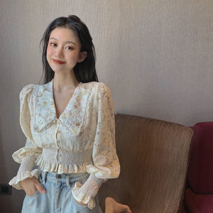 Spring Summer Autumn Super-short V-Neck Lolita Style Embroidery Lantern Sleeve Lightweight Breathable Sexy Slim Casual Shirts