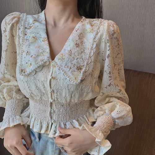 Spring Summer Autumn Super-short V-Neck Lolita Style Embroidery Lantern Sleeve Lightweight Breathable Sexy Slim Casual Shirts
