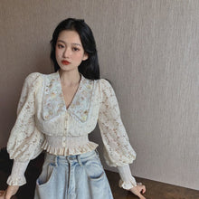 Load image into Gallery viewer, Spring Summer Autumn Super-short V-Neck Lolita Style Embroidery Lantern Sleeve Lightweight Breathable Sexy Slim Casual Shirts