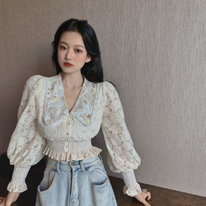 Spring Summer Autumn Super-short V-Neck Lolita Style Embroidery Lantern Sleeve Lightweight Breathable Sexy Slim Casual Shirts