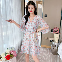 Load image into Gallery viewer, Spring Summer Chiffon Dress Women V-Neck Floral Print Short Dresses Sweet Ruffle Sleeeve Slim 2021 New Drawstring Ladies Dress