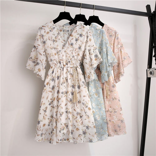 Spring Summer Chiffon Dress Women V-Neck Floral Print Short Dresses Sweet Ruffle Sleeeve Slim 2021 New Drawstring Ladies Dress