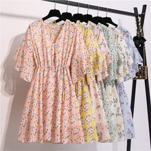 Load image into Gallery viewer, Spring Summer Chiffon Dress Women V-Neck Floral Print Short Dresses Sweet Ruffle Sleeeve Slim 2021 New Drawstring Ladies Dress