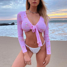 Load image into Gallery viewer, Spring Summer Ladies Regular Full Sleeve Print Fashion Blouses Women 2021 New Beach Style Super Short Bow Top For Sexy