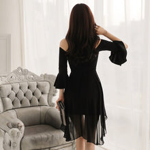 Load image into Gallery viewer, Spring Summer New Korean Style Women Slash Neck Flare Sleeve Slim Bodycon Dress Black Chiffon Stitching Dovetail Mini Dress