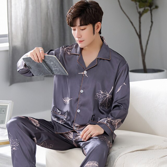 Spring Summer New Ladies Silk Stain Pajamas Long-Sleeved Suit Fashion Simulation Silk Comfortable Casual Home Service M-XXXL