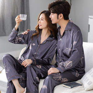 Spring Summer New Ladies Silk Stain Pajamas Long-Sleeved Suit Fashion Simulation Silk Comfortable Casual Home Service M-XXXL