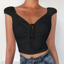 Load image into Gallery viewer, Spring Summer Sexy Short Sleeve V-neck Bandage Women Crop Top Back To The Basics T-shirt Sheath Draped Solid Top