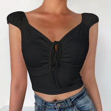 Load image into Gallery viewer, Spring Summer Sexy Short Sleeve V-neck Bandage Women Crop Top Back To The Basics T-shirt Sheath Draped Solid Top