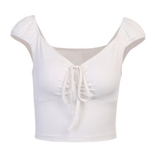 Load image into Gallery viewer, Spring Summer Sexy Short Sleeve V-neck Bandage Women Crop Top Back To The Basics T-shirt Sheath Draped Solid Top