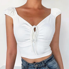 Load image into Gallery viewer, Spring Summer Sexy Short Sleeve V-neck Bandage Women Crop Top Back To The Basics T-shirt Sheath Draped Solid Top