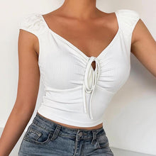 Load image into Gallery viewer, Spring Summer Sexy Short Sleeve V-neck Bandage Women Crop Top Back To The Basics T-shirt Sheath Draped Solid Top