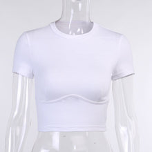 Load image into Gallery viewer, Spring Summer Solid Botton Crop Top Women 2021 New Short Sleeve O Neck Slim Ladies Sexy Back To The Basics Pullover Tops