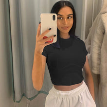 Load image into Gallery viewer, Spring Summer Solid Botton Crop Top Women 2021 New Short Sleeve O Neck Slim Ladies Sexy Back To The Basics Pullover Tops