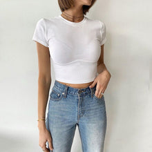Load image into Gallery viewer, Spring Summer Solid Botton Crop Top Women 2021 New Short Sleeve O Neck Slim Ladies Sexy Back To The Basics Pullover Tops