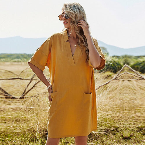 Spring Summer Women Elegant Solid Color Half Sleeve Short Dress Loose Pocket V Neck