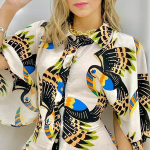 Spring Women&#39;s Flare Jumpsuit Female Casual Shirt Flared Sleeve Sweet Rompers Print Collar Animal Decoration New Style