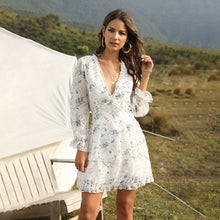 Load image into Gallery viewer, Spring Women&#39;s Sexy Backless V-neck Cake Printed Dress Full Sleeve Ruffles Summer Ladies Dress