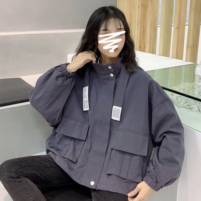 Spring and Autumn New Solid Color Tooling Short Jacket Female Students Loose Wild BF Stand-up Collar Long-sleeved Jacket