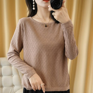 Spring and Autumn New Women's Sweater O-neck Hollow 100% Cotton Hemp Pullover Wild Pure Color Casual Fashion Long Sleeve