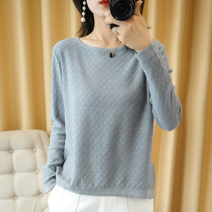 Spring and Autumn New Women's Sweater O-neck Hollow 100% Cotton Hemp Pullover Wild Pure Color Casual Fashion Long Sleeve