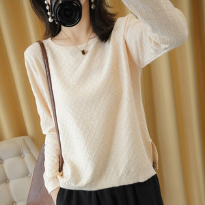 Spring and Autumn New Women's Sweater O-neck Hollow 100% Cotton Hemp Pullover Wild Pure Color Casual Fashion Long Sleeve