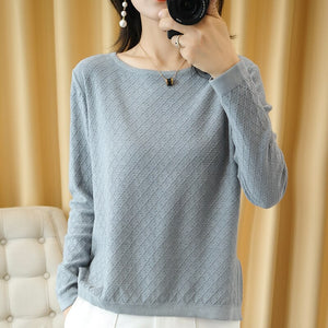 Spring and Autumn New Women's Sweater O-neck Hollow 100% Cotton Hemp Pullover Wild Pure Color Casual Fashion Long Sleeve