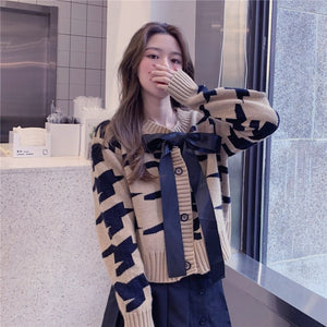 Spring and Autumn Retro Temperament Cardigan Women&#39;s Short Loose Contrast Color Long Sleeve Bow Knit Sweater Jacket Women 2021