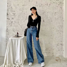 Load image into Gallery viewer, Spring and Autumn new retro style high waist solid color wide leg jeans women street solid color slim straight jeans ladies
