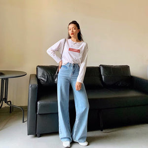Spring and Autumn new retro style high waist solid color wide leg jeans women street solid color slim straight jeans ladies