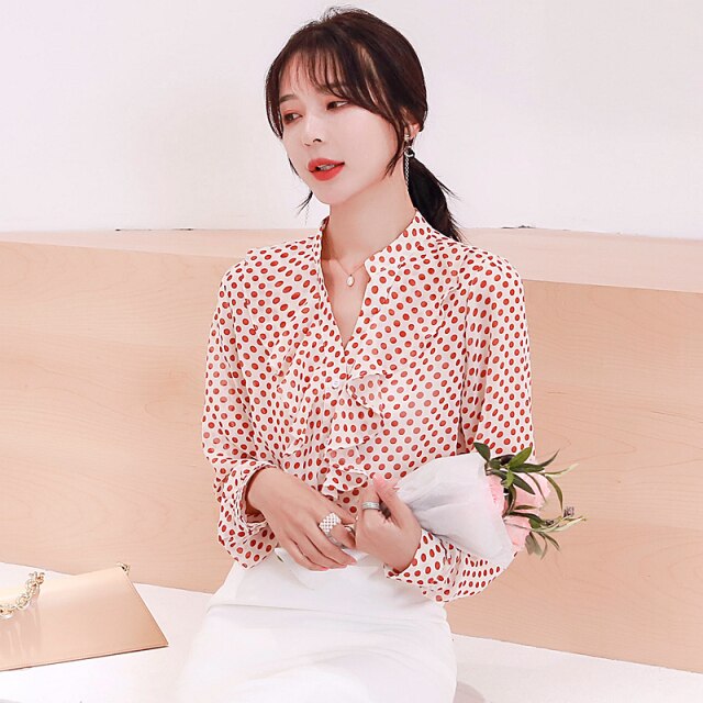 Spring new Korean style loose polka dot chiffon shirt female design sense niche V-neck blouse