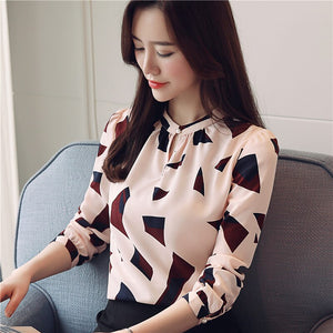 Spring new geometric pattern blouse printing shirt temperament long-sleeved chiffon shirt women