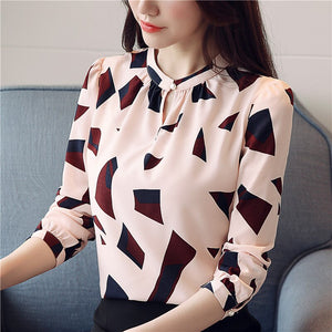 Spring new geometric pattern blouse printing shirt temperament long-sleeved chiffon shirt women