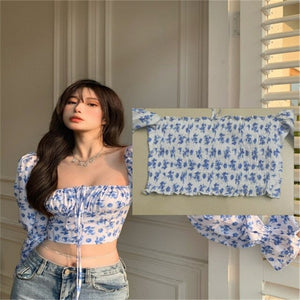 Square Collar Crop Tees Tops Women's Puff Sleeve Tanks Top  Blouse Fashion Retro Clothing Summer Blouses Female Shirts