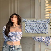 Load image into Gallery viewer, Square Collar Crop Tees Tops Women&#39;s Puff Sleeve Tanks Top  Blouse Fashion Retro Clothing Summer Blouses Female Shirts