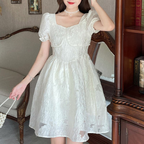 Square Collar Puff Sleeve Mini Fairy Dress Women Elegant Slim Waist Robe Vintage Korean Party Sweet Summer Beading Vestidos New