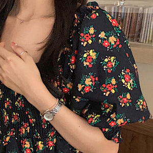 Square Collar Puff Sleeve Vintage Dresses Floral Chiffon Black Print Robe Summer  2021 Korean Fashion A-Line Vestidos Mujer New