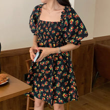 Load image into Gallery viewer, Square Collar Puff Sleeve Vintage Dresses Floral Chiffon Black Print Robe Summer  2021 Korean Fashion A-Line Vestidos Mujer New
