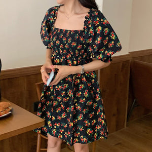 Square Collar Puff Sleeve Vintage Dresses Floral Chiffon Black Print Robe Summer  2021 Korean Fashion A-Line Vestidos Mujer New