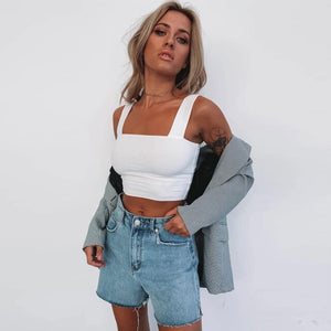 Square Neck Sleeveless Summer Crop Top White Women Black Casual Basic T Shirt Off Shoulder Cami Sexy Backless Tank Top
