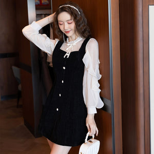 Stand Collar Bow Mesh Patchwork Button Slim Mini Dress for Women Ruffle Long Sleeve Fashion Party Dresses Female Autumn Clothes