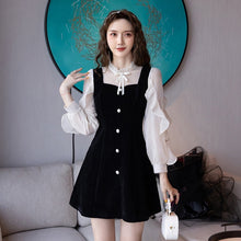 Load image into Gallery viewer, Stand Collar Bow Mesh Patchwork Button Slim Mini Dress for Women Ruffle Long Sleeve Fashion Party Dresses Female Autumn Clothes