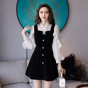 Stand Collar Bow Mesh Patchwork Button Slim Mini Dress for Women Ruffle Long Sleeve Fashion Party Dresses Female Autumn Clothes