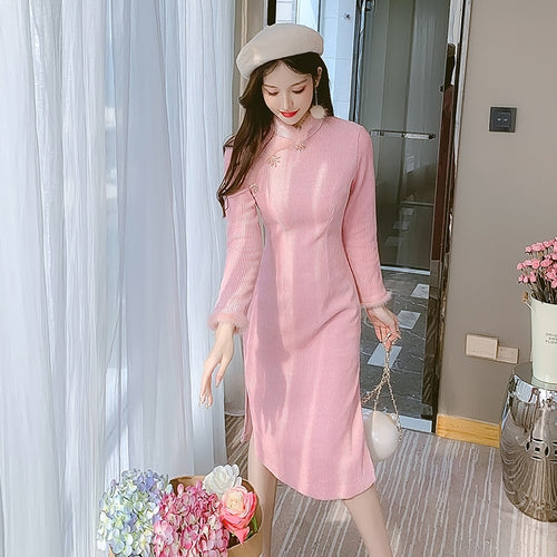 Stand Collar Corduroy Improved Cheongsam Women Autumn Long Sleeve Vintage Chinese Style Pink Slim Midi Dress Female Clothes