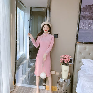 Stand Collar Corduroy Improved Cheongsam Women Autumn Long Sleeve Vintage Chinese Style Pink Slim Midi Dress Female Clothes