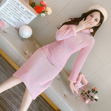 Load image into Gallery viewer, Stand Collar Corduroy Improved Cheongsam Women Autumn Long Sleeve Vintage Chinese Style Pink Slim Midi Dress Female Clothes